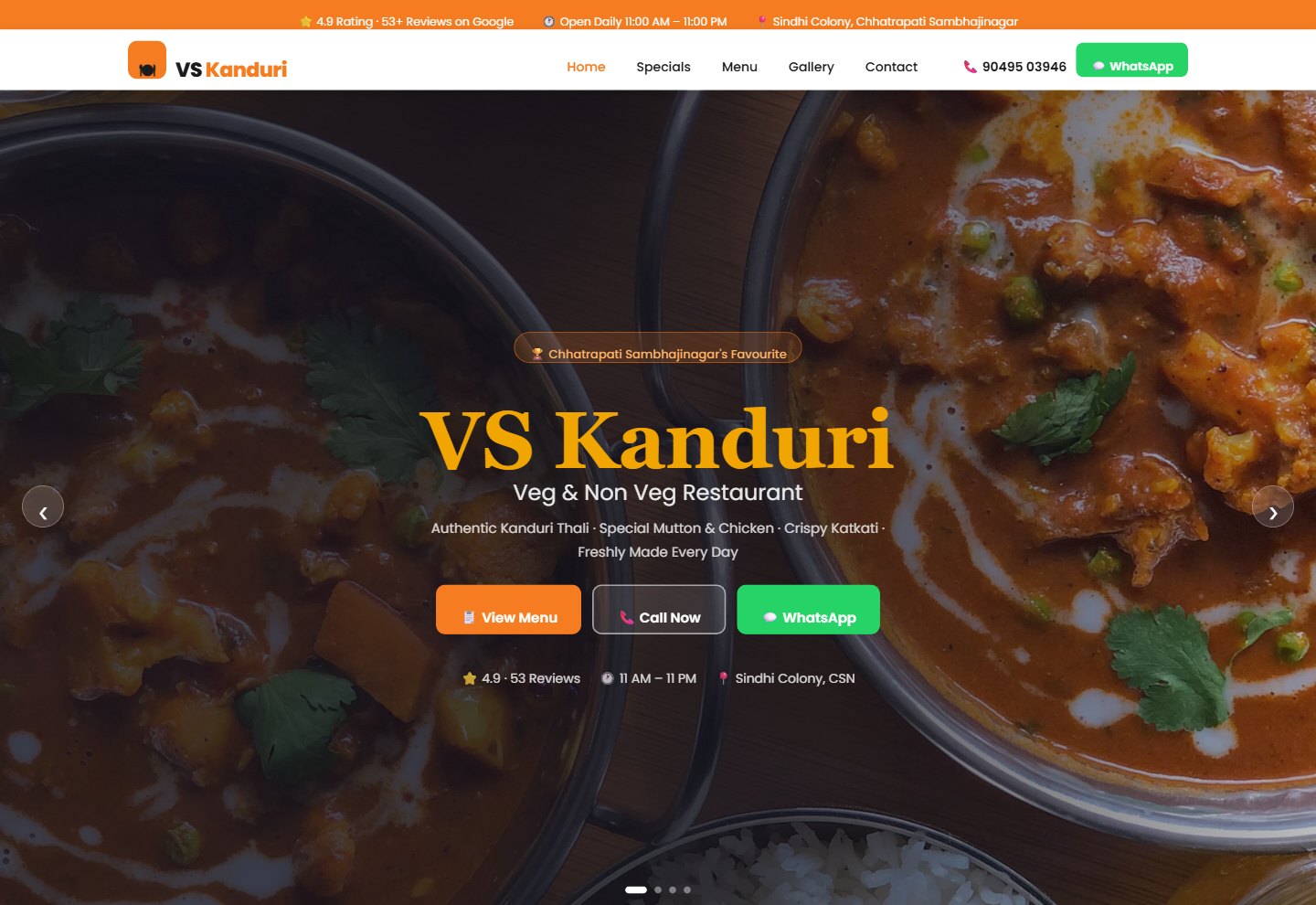 VS Kanduri restaurant website homepage &mdash; veg and non veg menu, Chhatrapati Sambhajinagar